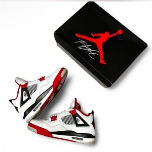 Jordan 4 "Fire Red", good condition; minimal crease and stains, US MENS size 9